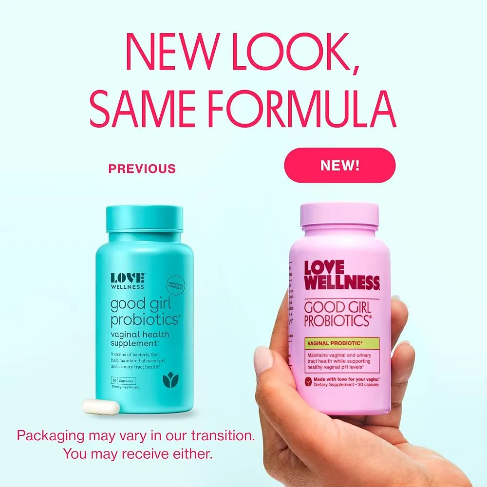 Love Wellness Good Girl Probiotics bottle with blue label