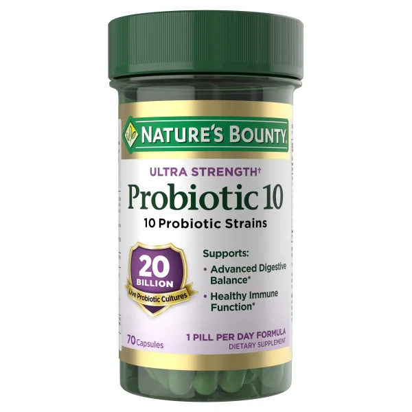 Nature’s Bounty Probiotic 10 bottle with white and green label