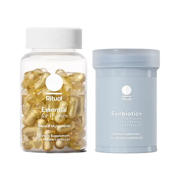 Ritual Synbiotic+ minimalist packaging on marble counter